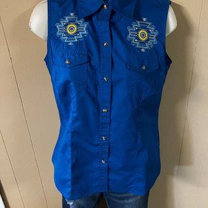 NEW Ladies navy sleeveless blouse with custom embroidery